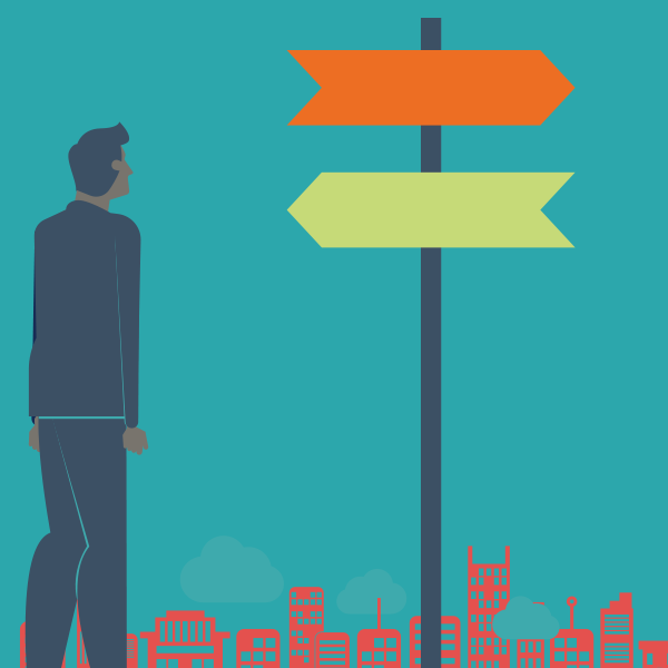 A brand image from The Cyber Scheme, depicting a man looking at signposts