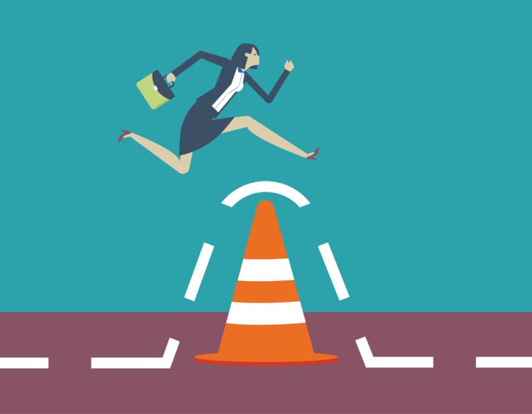 skills gap - woman jumping over traffic cone with briefcase