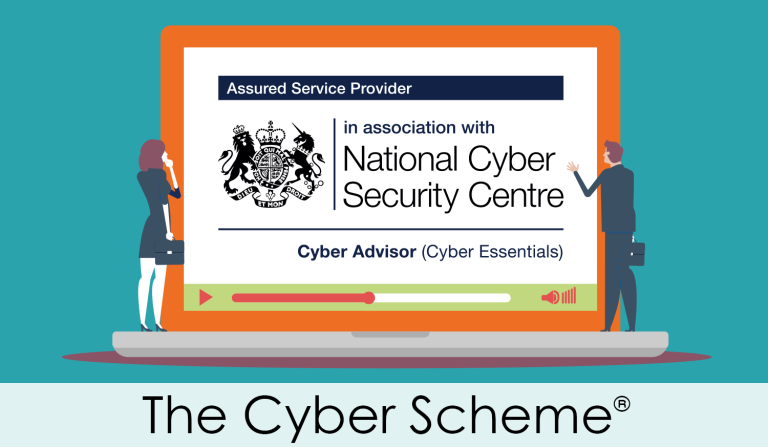 Cyber advisor ncsc logo in laptop graphic with with business people