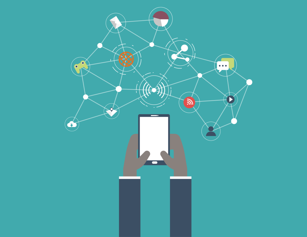IoT Image hands holding phone showing network